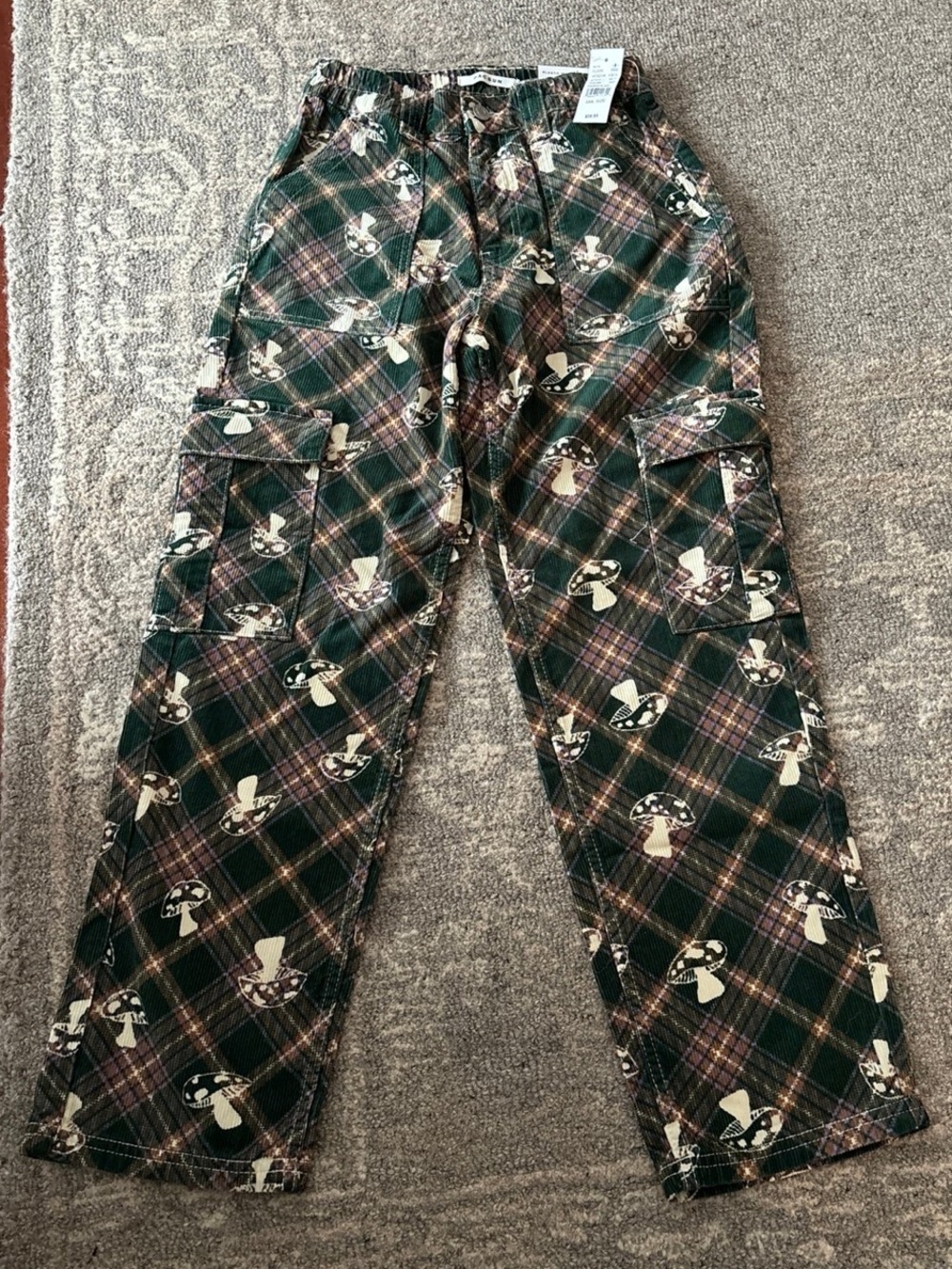 PacSun Green Plaid Cargo Pants with Mushroom Print